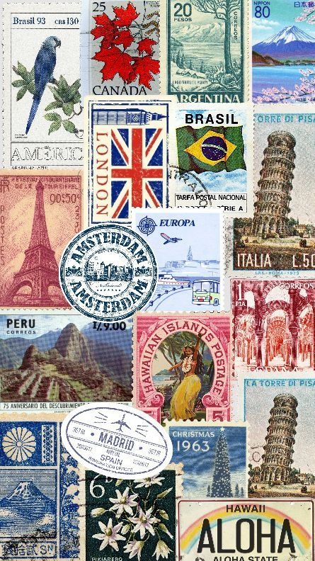 Vintage travel postage stamps from around the world